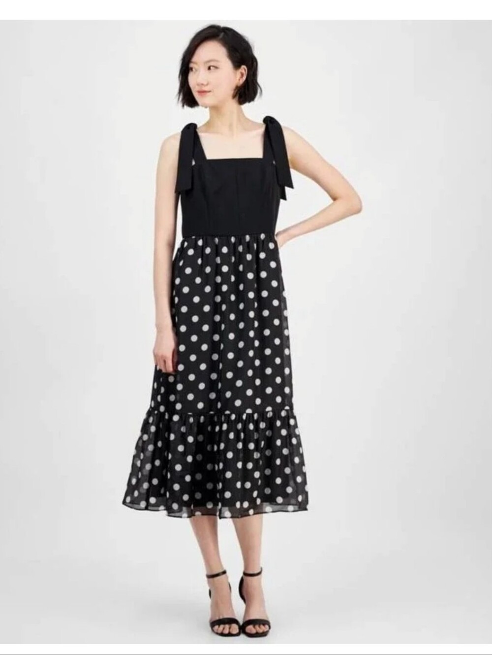 NWT Anne Klein Plus Size 20W Black White Polka Dot Tie Strap Midi Dress $159